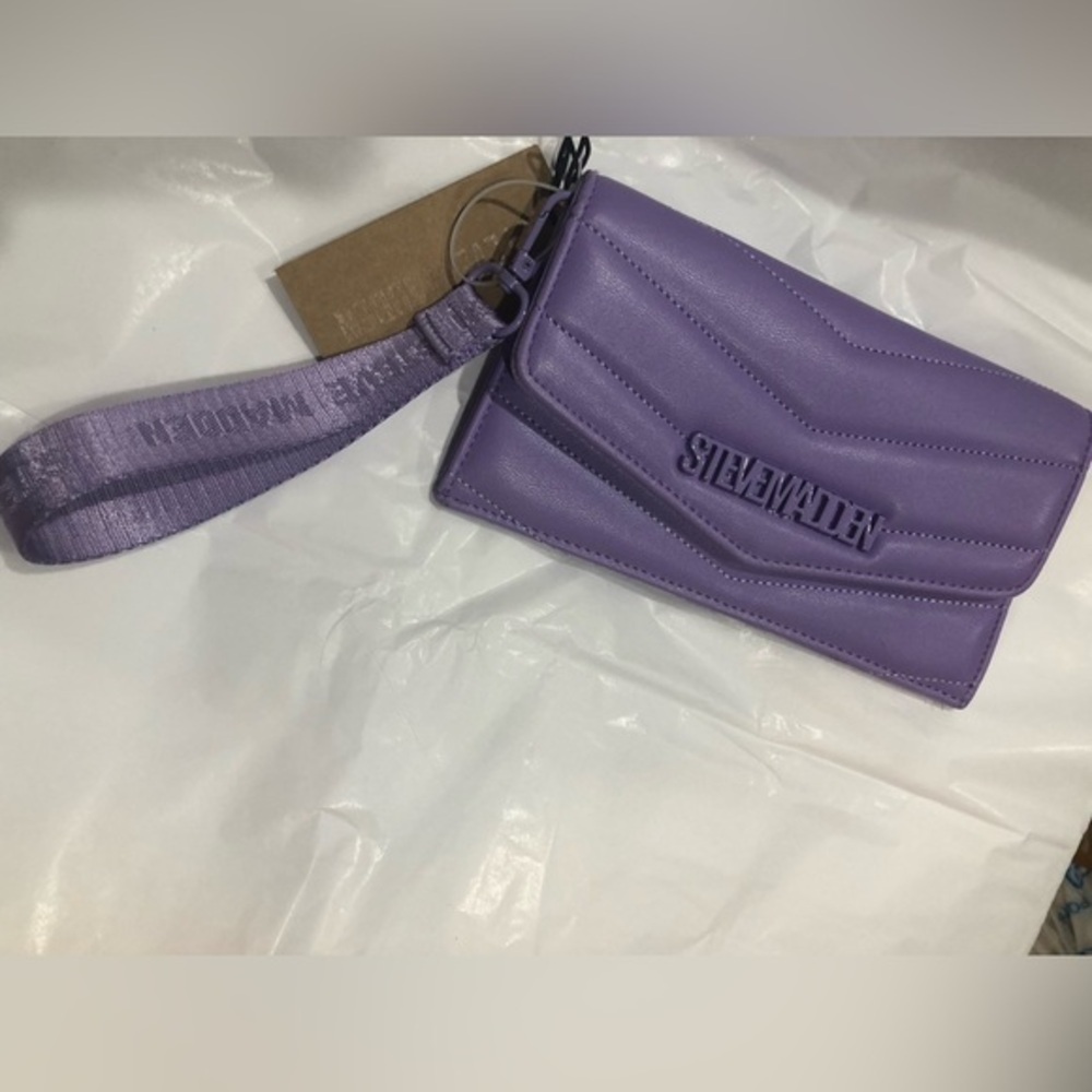 Steve Madden purple quilted fold over envelope monogram strap clutch wristlet